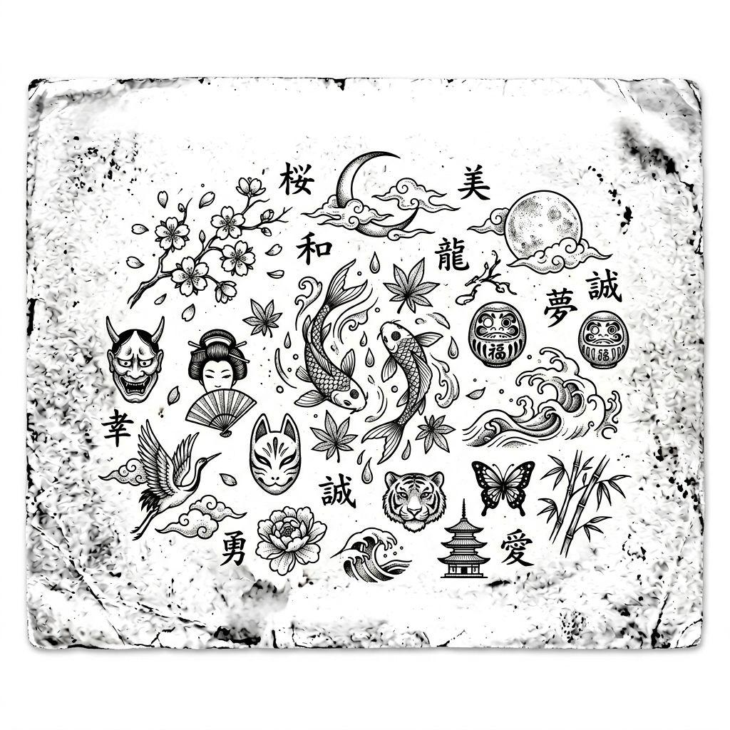 idée tatouage japonais patchwork japonais vintage, design sur fond blanc