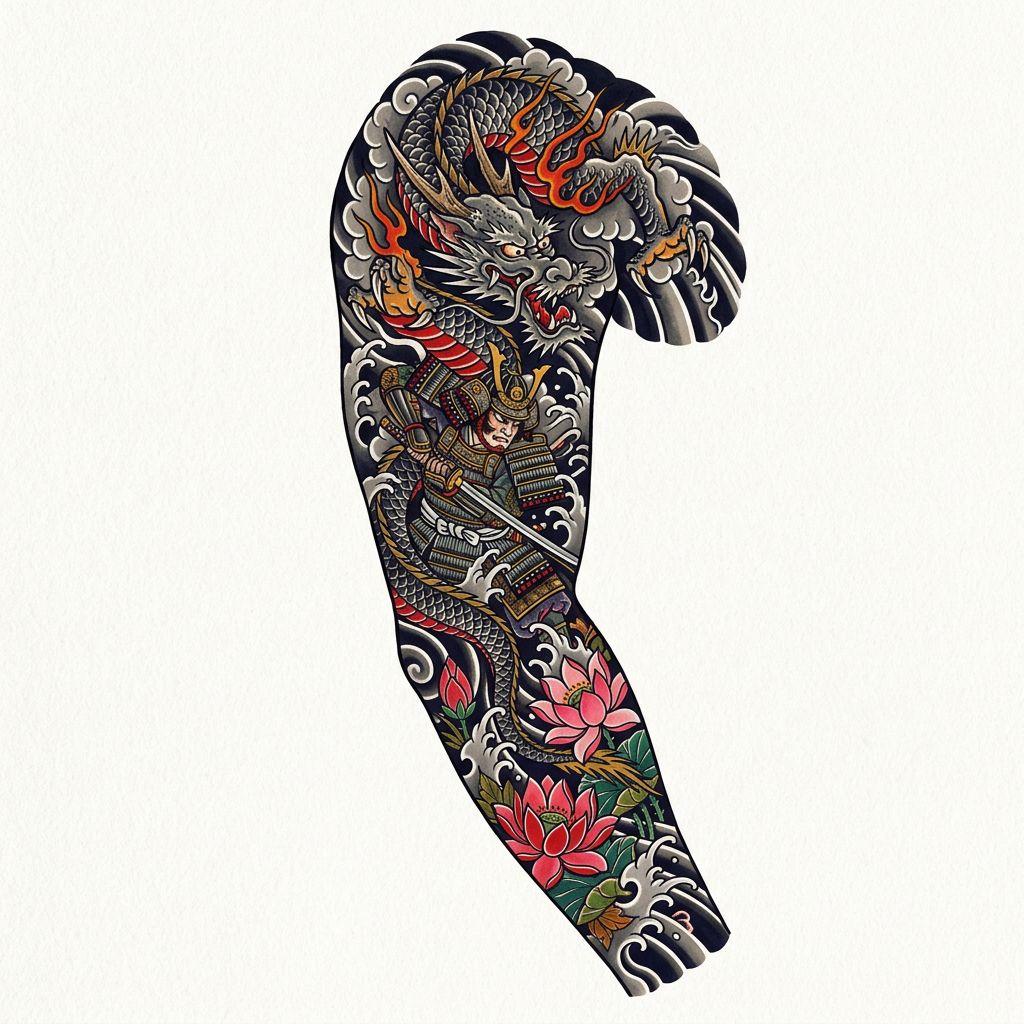 idée tatouage japonais manche irezumi premium, design sur fond blanc