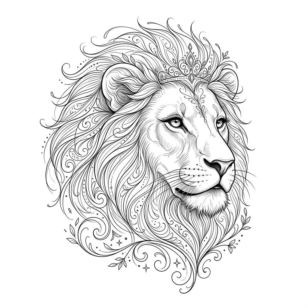 idée tatouage lion lion fine line crinière, design sur fond blanc