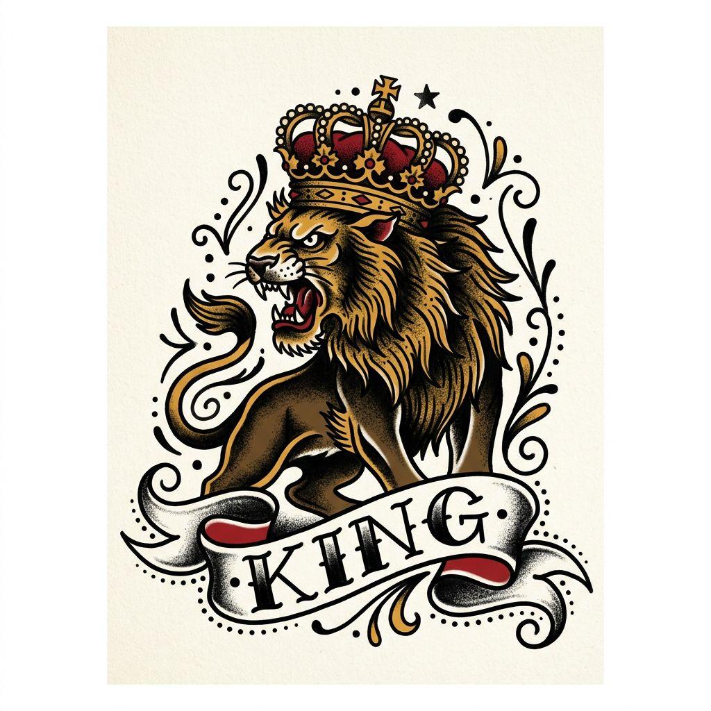 idée tatouage lion lion old school flamboyant, design sur fond blanc