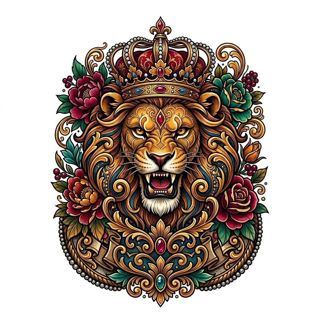 idée tatouage lion lion néo-traditionnel ornement, design sur fond blanc