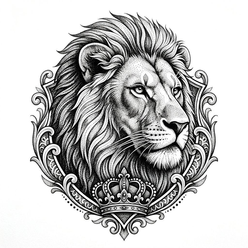 idée tatouage lion lion dotwork stippling, design sur fond blanc