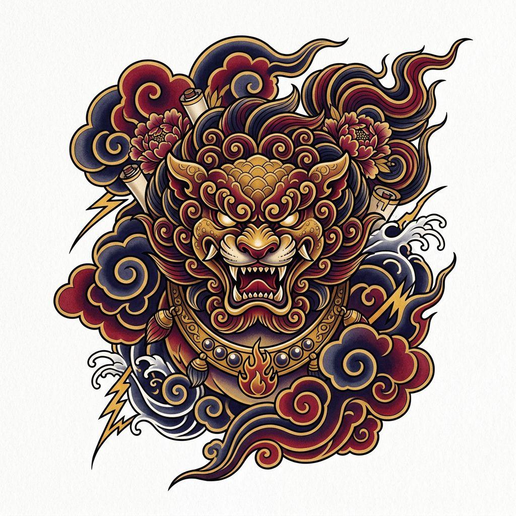 idée tatouage lion lion japonais irezumi, design sur fond blanc