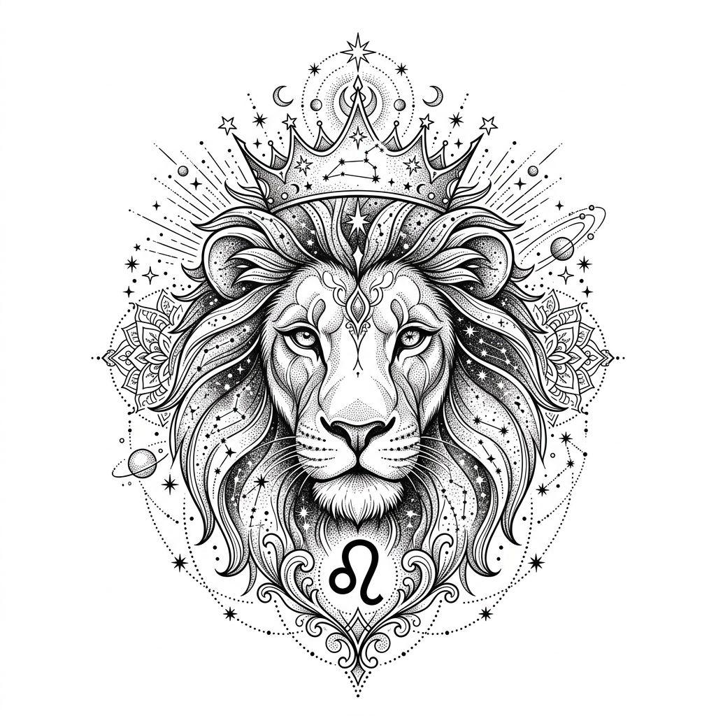 idée tatouage lion lion spirituel zodiac, design sur fond blanc