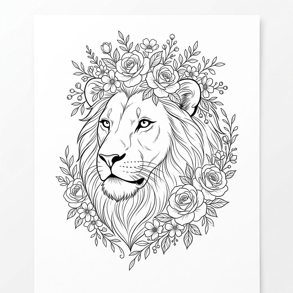idée tatouage lion lion fleuri couronné, design sur fond blanc