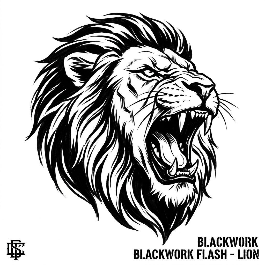 idée tatouage lion lion rugissant blackwork, design sur fond blanc