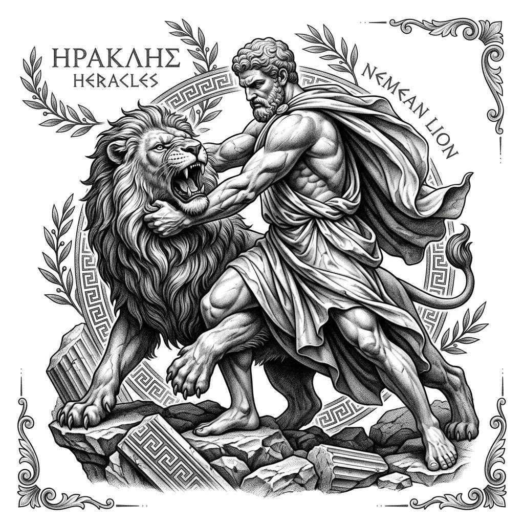 idée tatouage lion hercule mythologique, design sur fond blanc