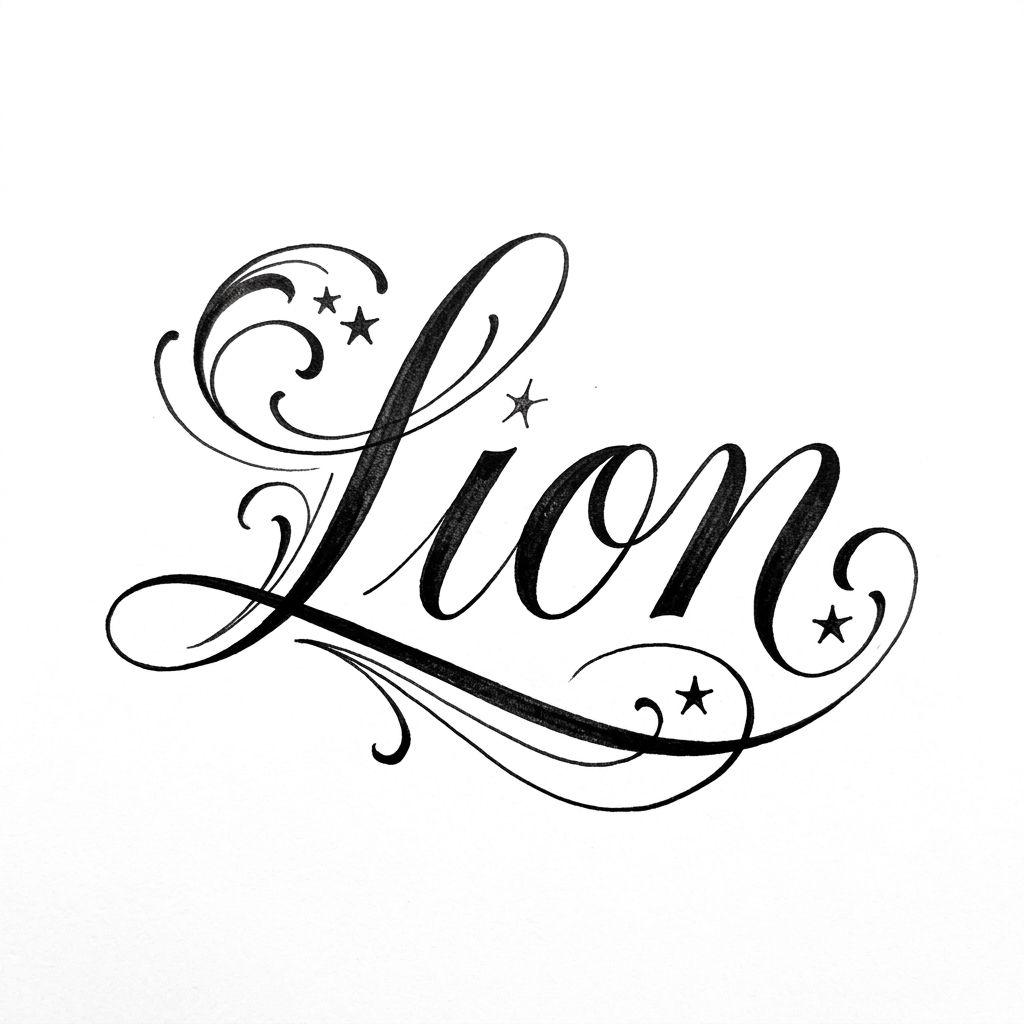 idée tatouage lion lettrage 'lion' calligraphie, design sur fond blanc