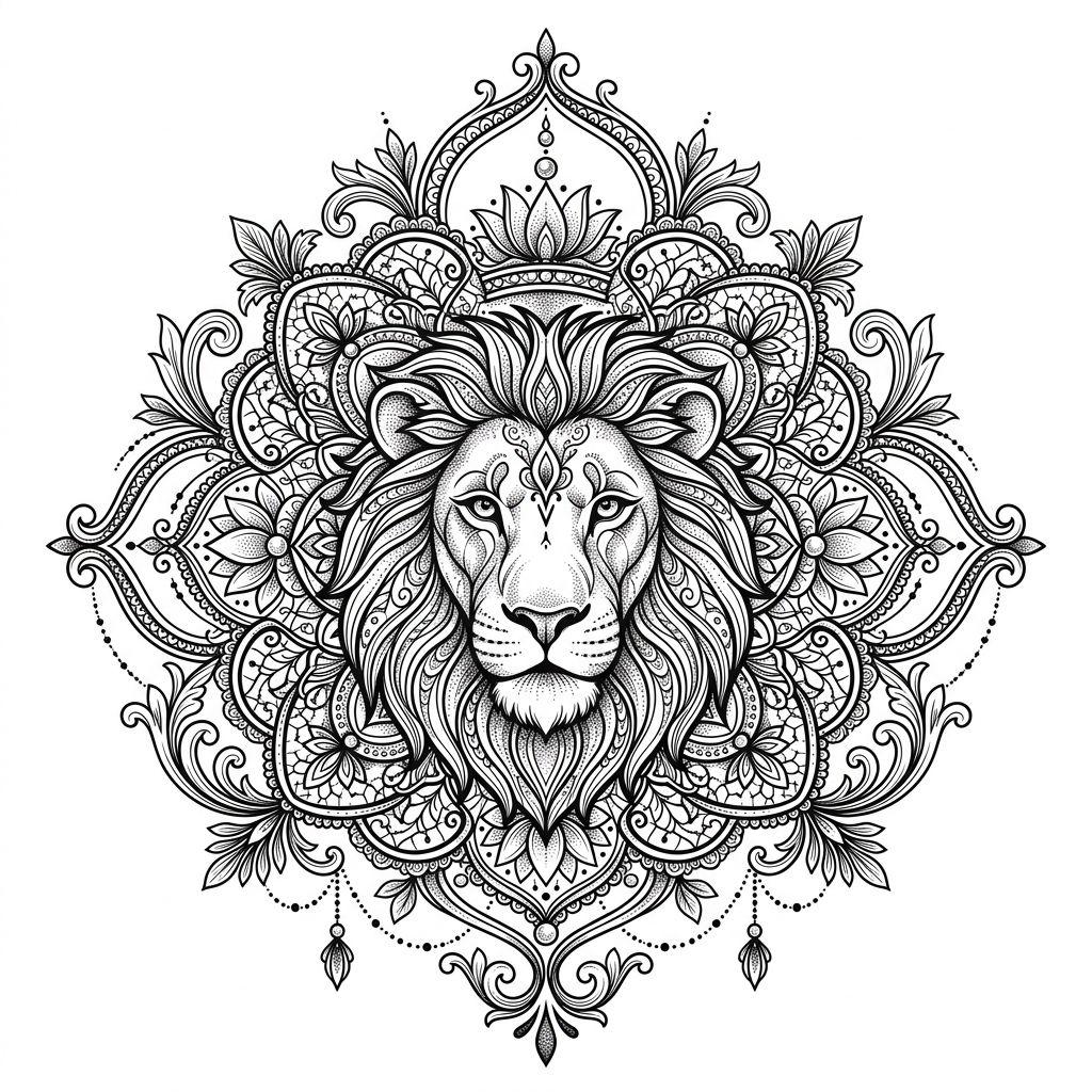 idée tatouage lion mandala lion ornemental, design sur fond blanc