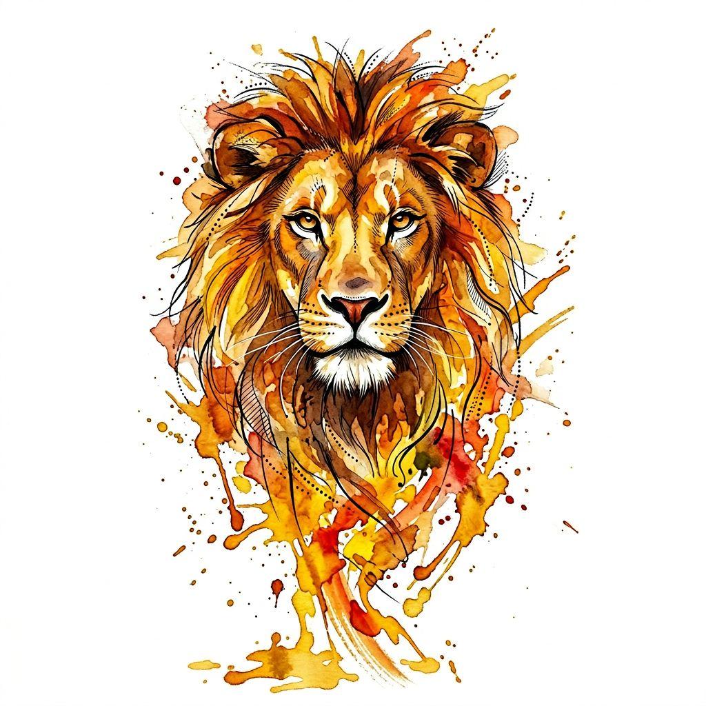 idée tatouage lion lion aquarelle vibrant, design sur fond blanc