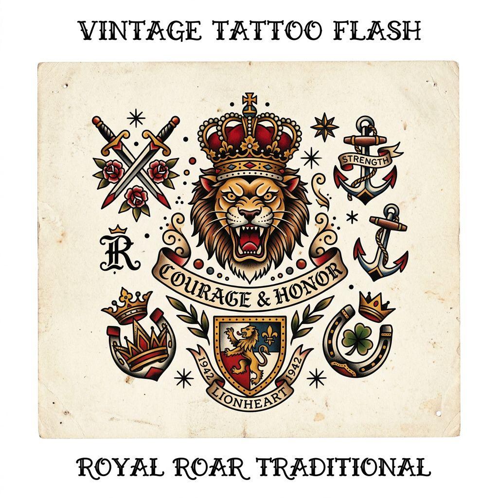 idée tatouage lion patchwork lion vintage, design sur fond blanc