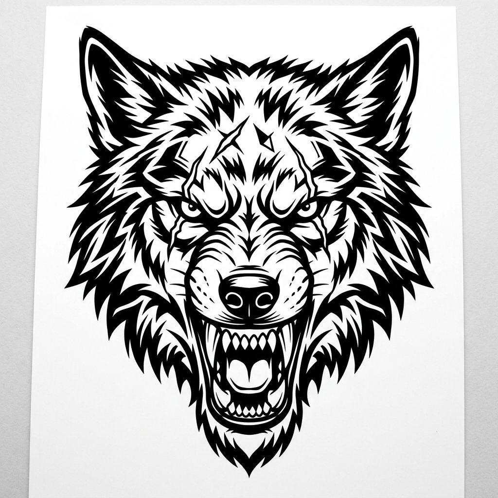 idée tatouage loup loup blackwork puissant, design sur fond blanc