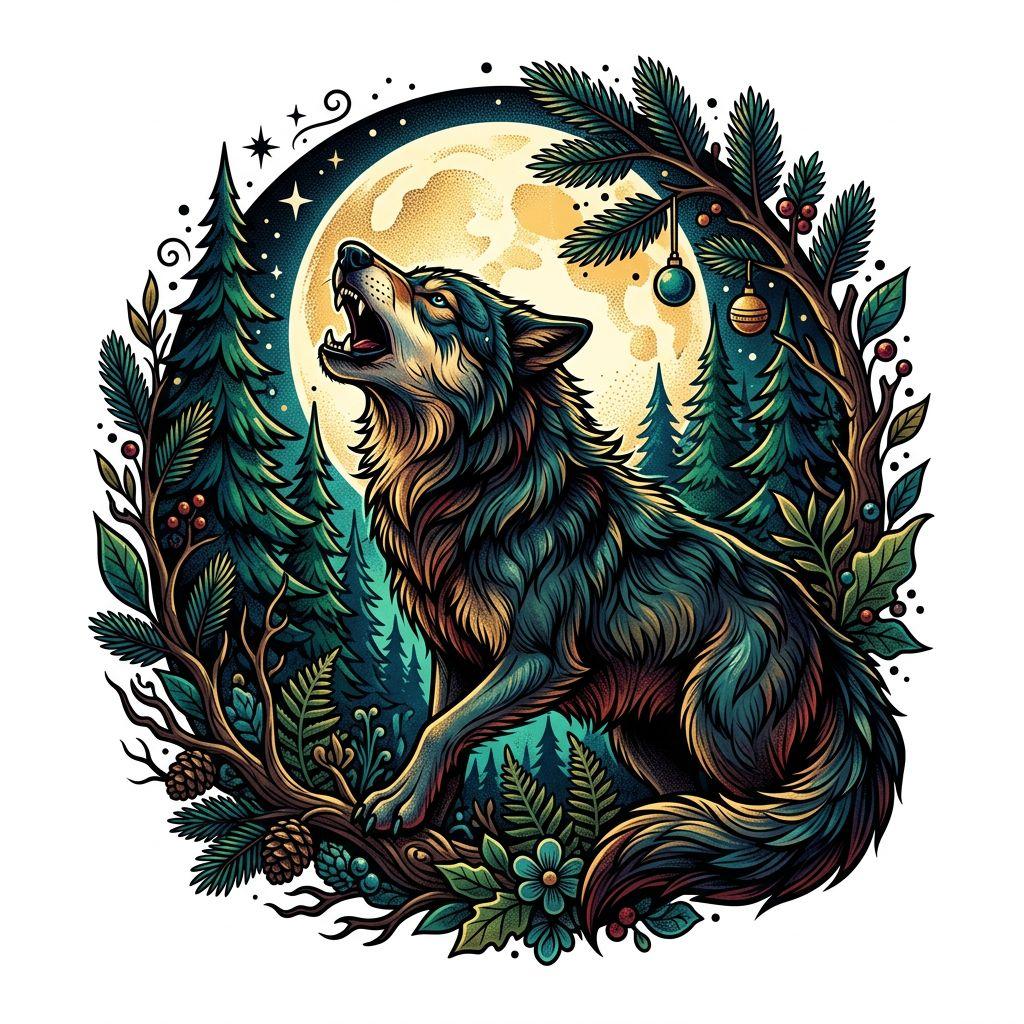 idée tatouage loup loup néo-traditionnel forêt, design sur fond blanc