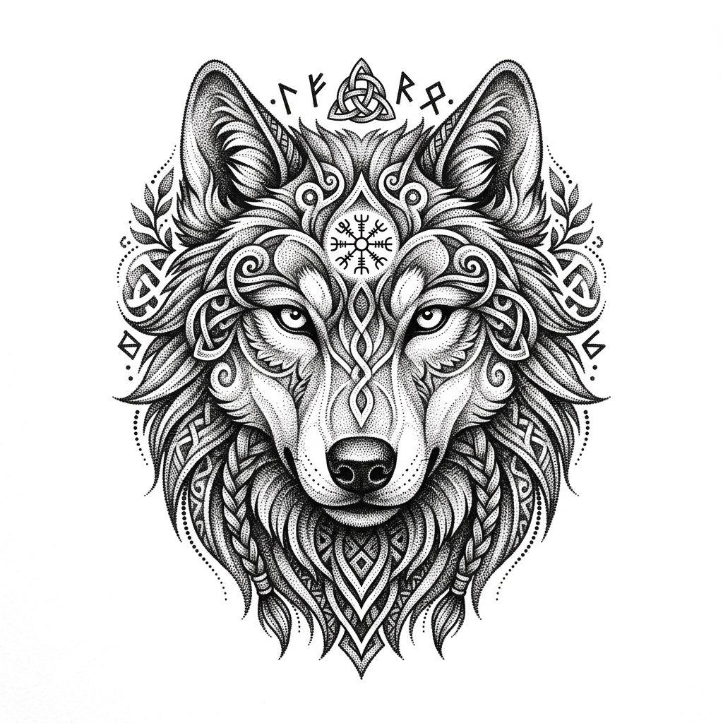 idée tatouage loup loup dotwork stippling, design sur fond blanc