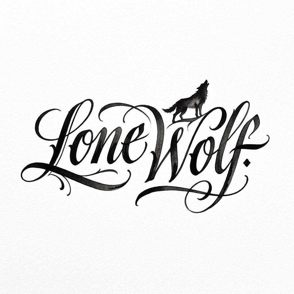 idée tatouage loup lettrage 'lone wolf' calligraphie, design sur fond blanc
