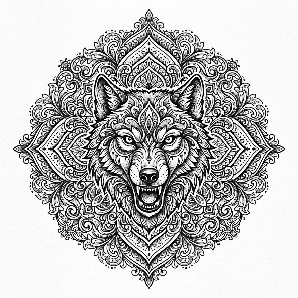idée tatouage loup mandala loup ornemental, design sur fond blanc