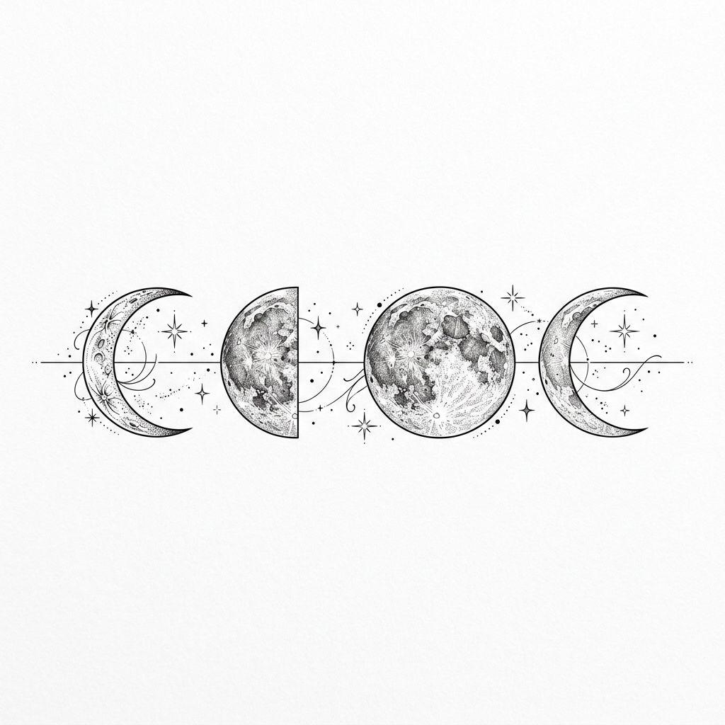 idée tatouage lune phases lunaires fine line, design sur fond blanc
