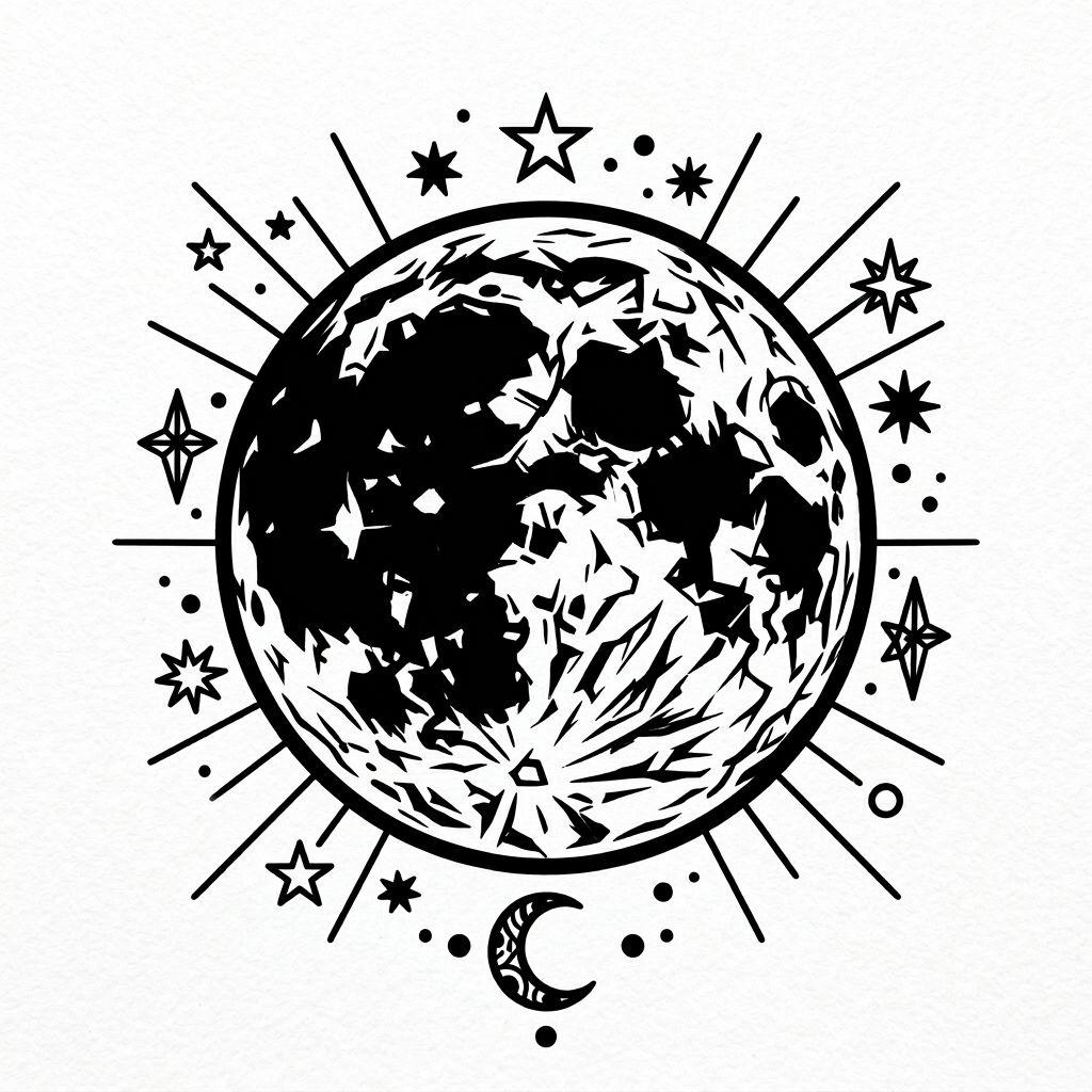 idée tatouage lune pleine lune blackwork, design sur fond blanc