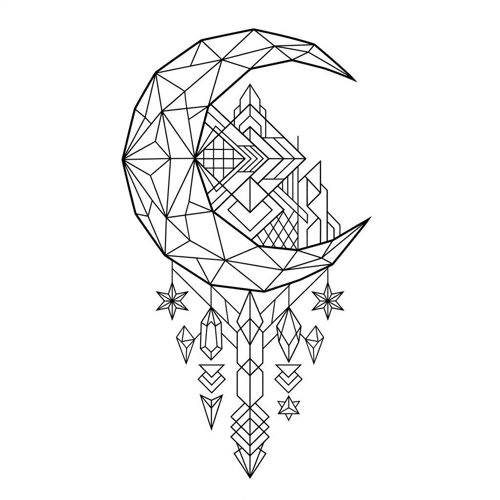 idée tatouage lune lune geometrique facette, design sur fond blanc