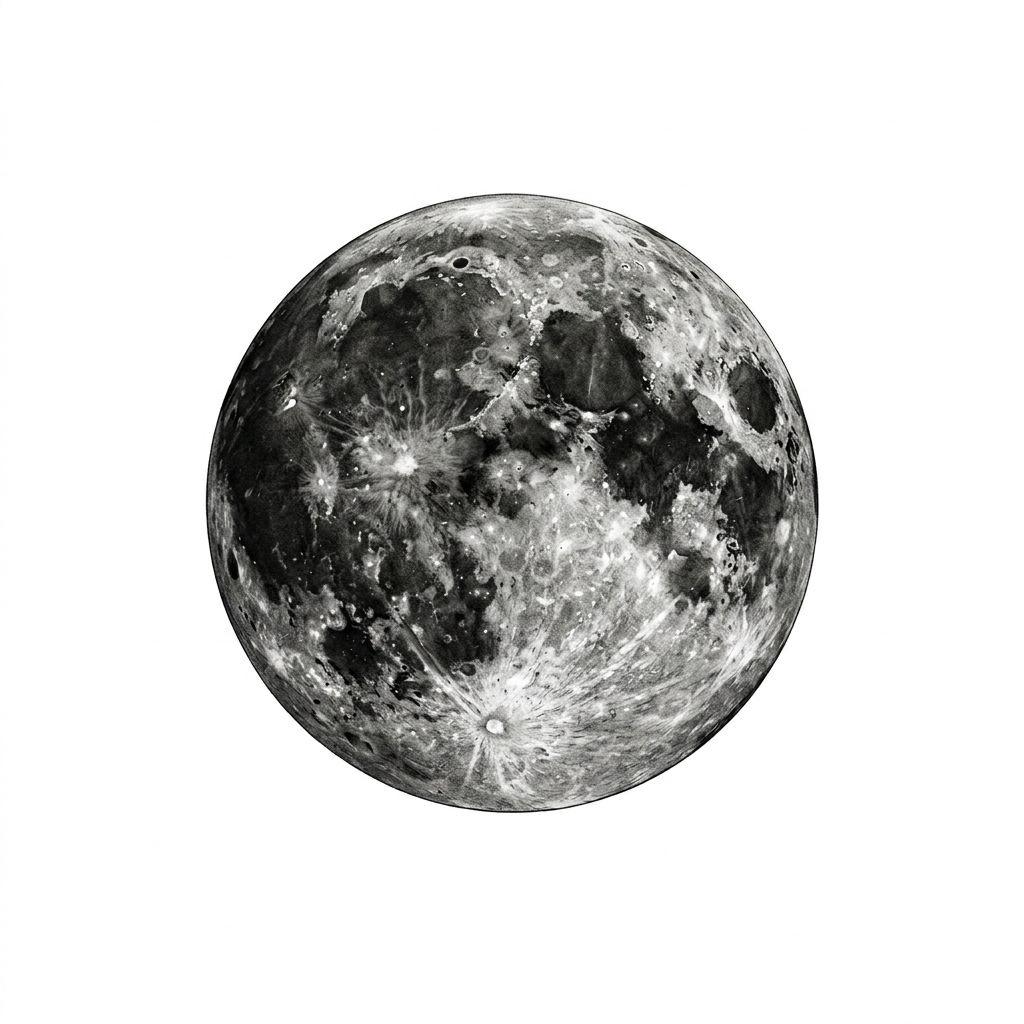 idée tatouage lune pleine lune realiste crateres, design sur fond blanc