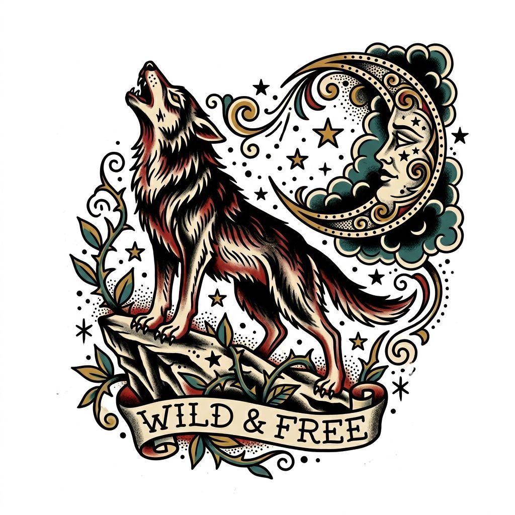 idée tatouage lune lune et loup old school, design sur fond blanc