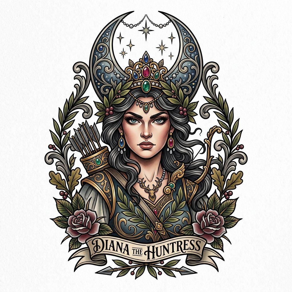 idée tatouage lune diane chasseresse néo-traditionnelle, design sur fond blanc