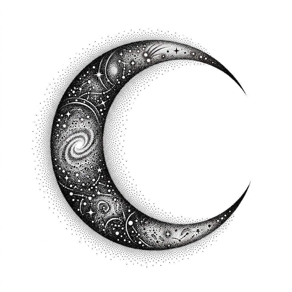 idée tatouage lune lune dotwork stippling, design sur fond blanc