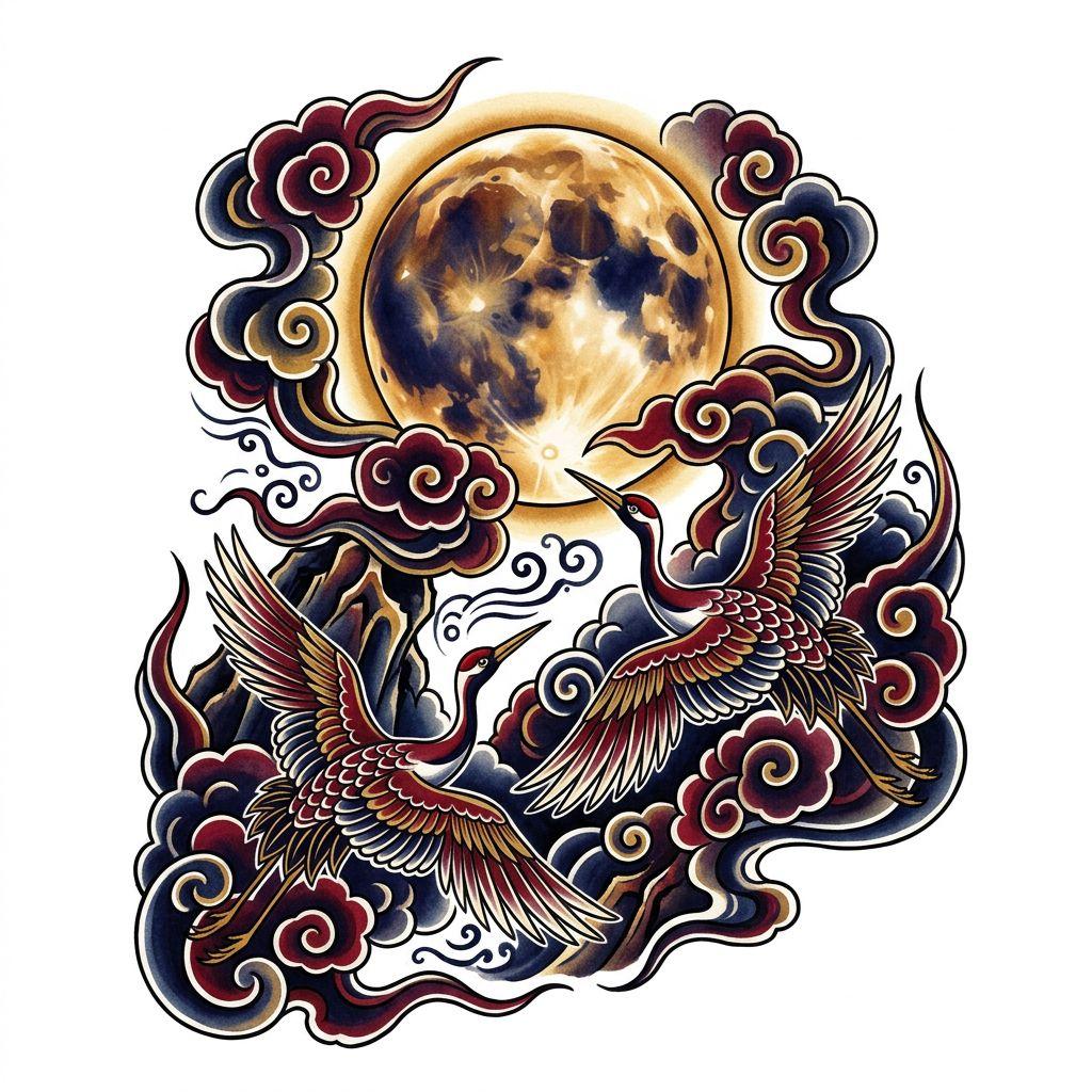 idée tatouage lune lune japonaise pleine, design sur fond blanc