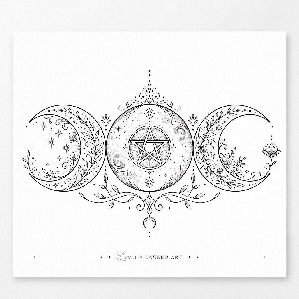 idée tatouage lune lune sacree triple, design sur fond blanc