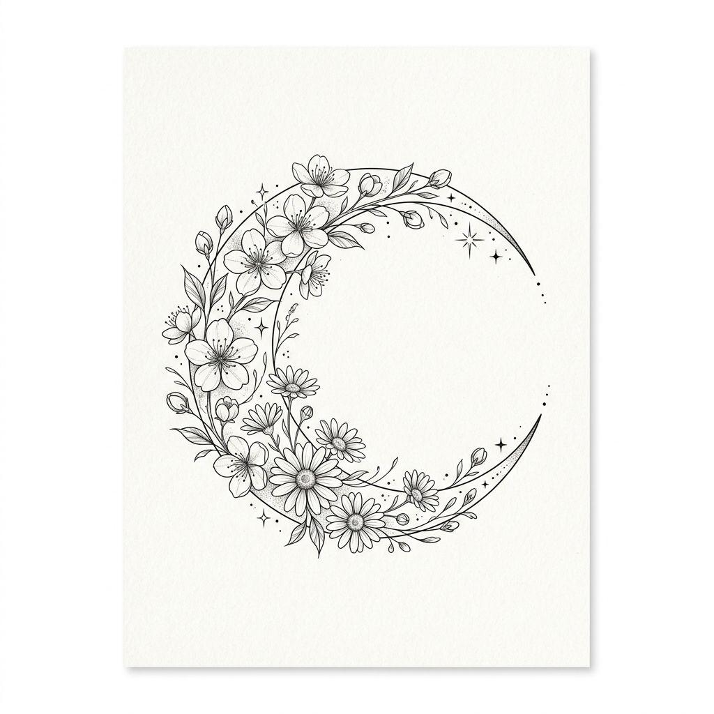 idée tatouage lune lune fleurie florale, design sur fond blanc