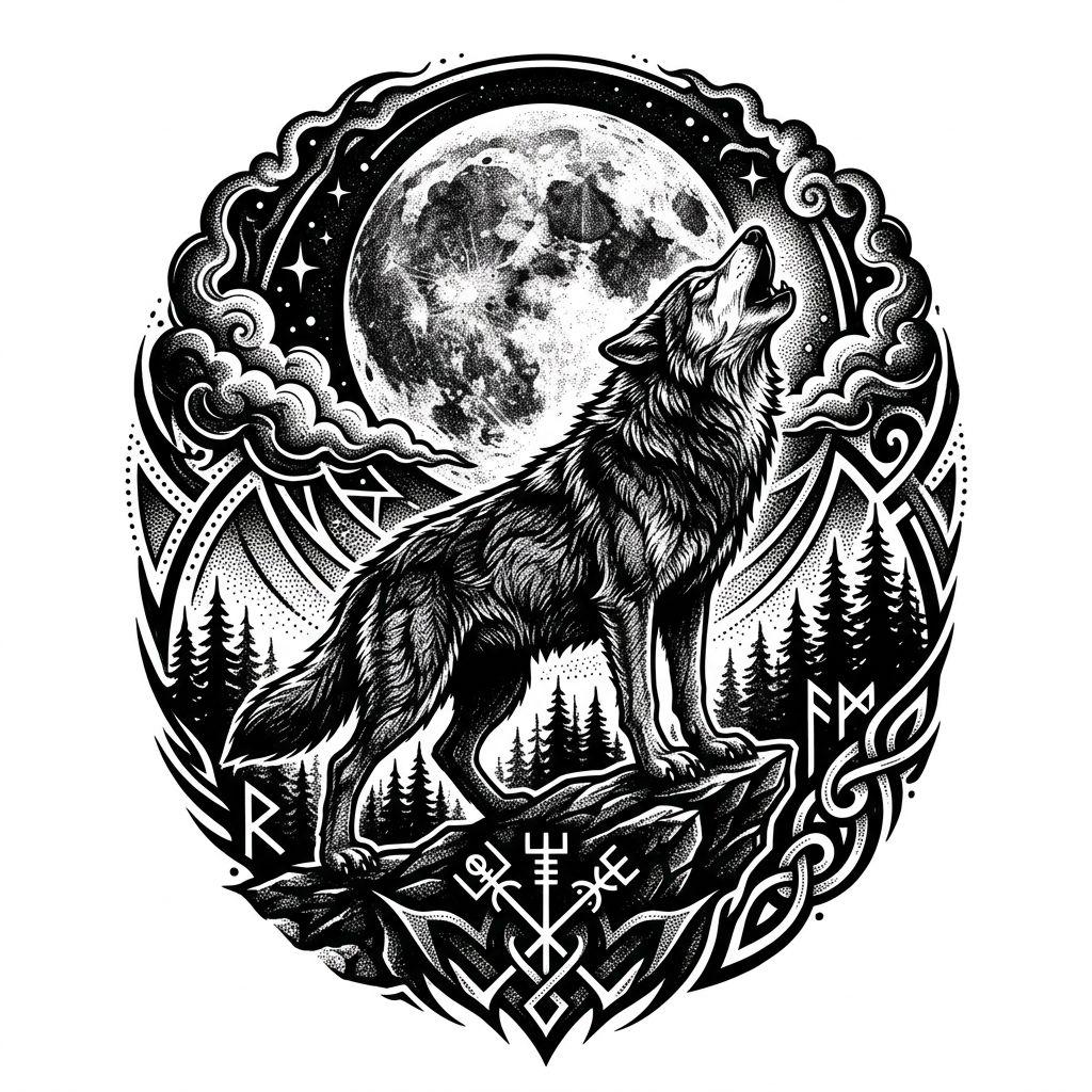 idée tatouage lune loup hurlant lune blackwork, design sur fond blanc