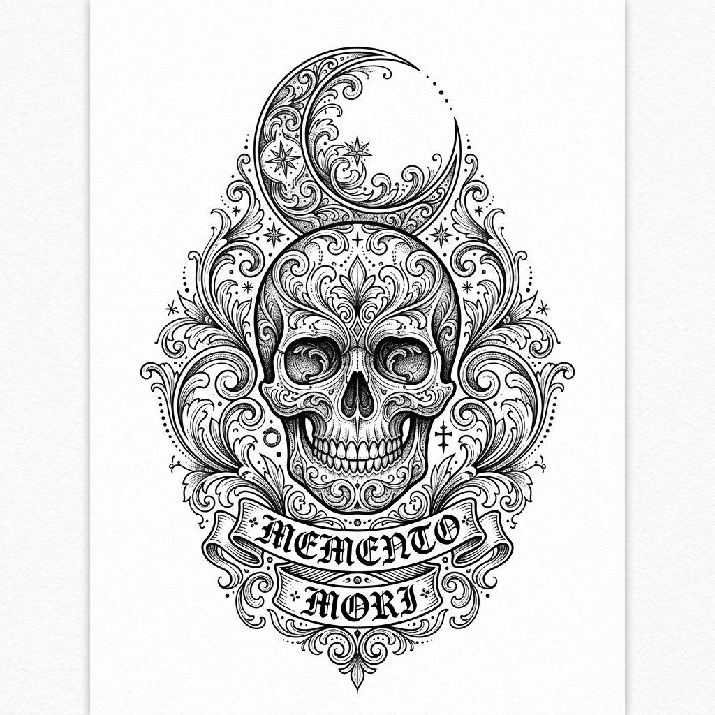 idée tatouage lune crane lune ornemental, design sur fond blanc