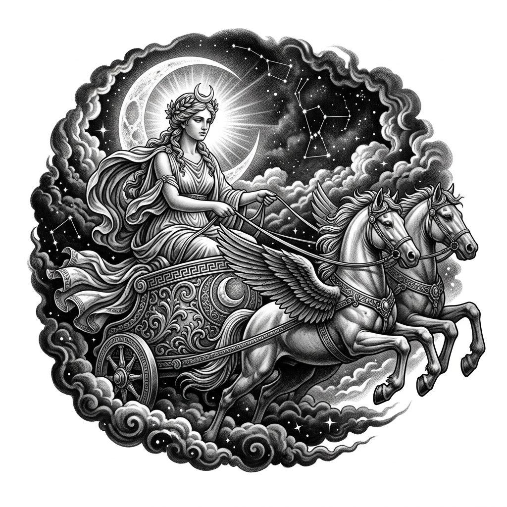 idée tatouage lune selene mythologique, design sur fond blanc