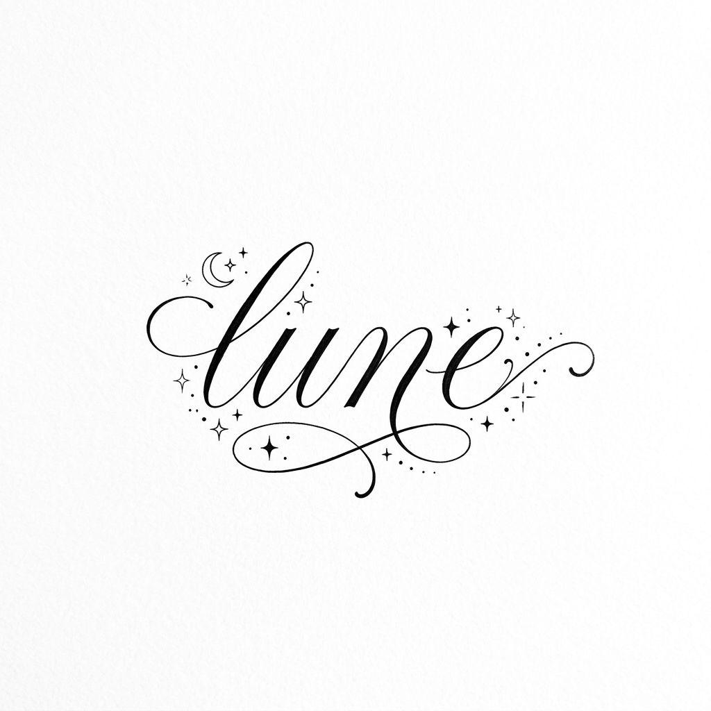 idée tatouage lune lettrage 'lune' cursive, design sur fond blanc