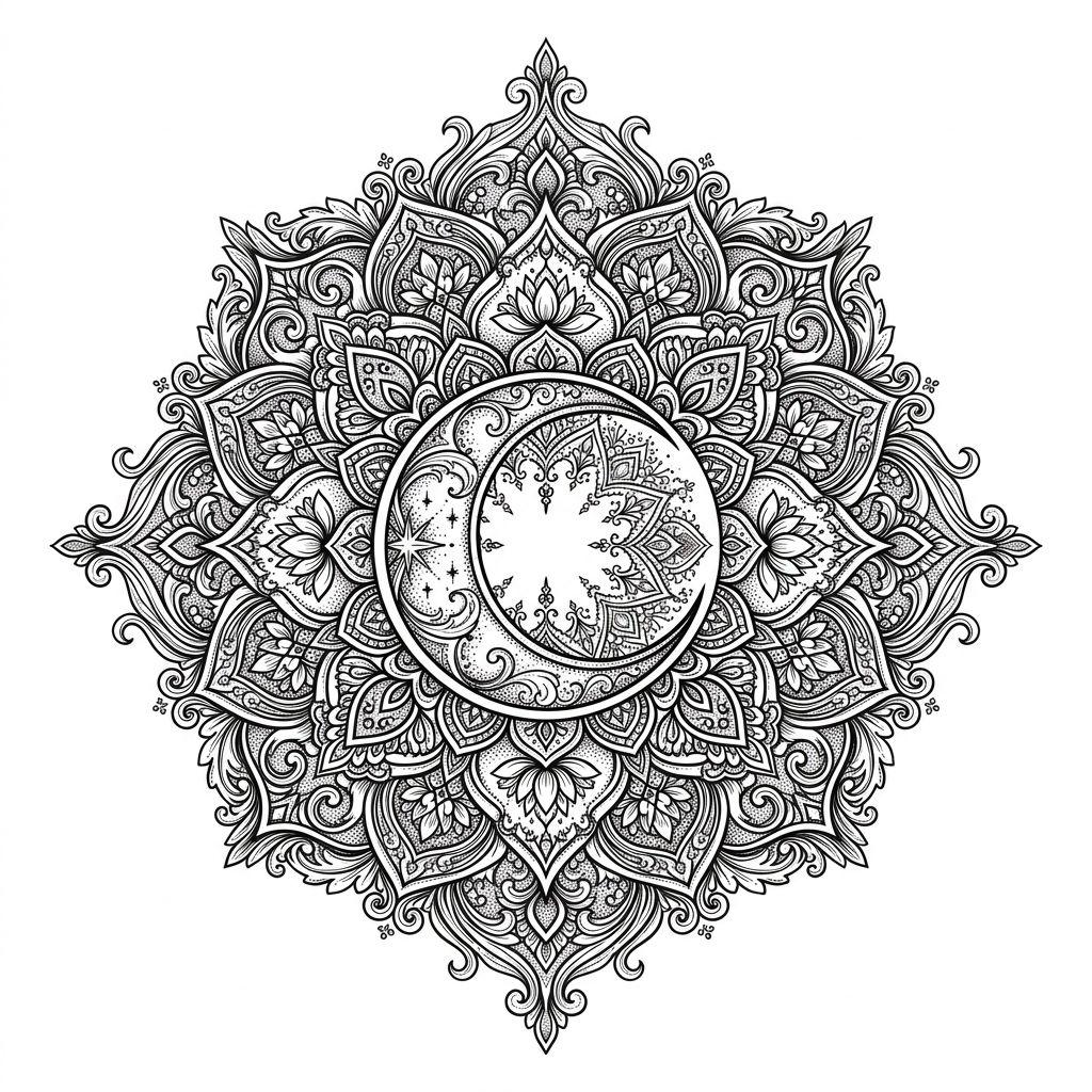 idée tatouage lune mandala lunaire ornemental, design sur fond blanc