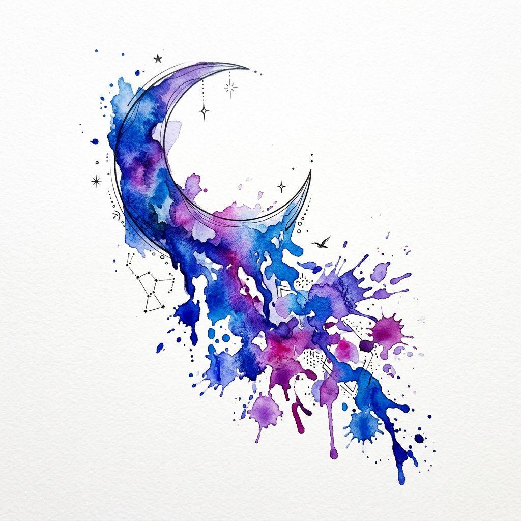 idée tatouage lune lune aquarelle splash, design sur fond blanc