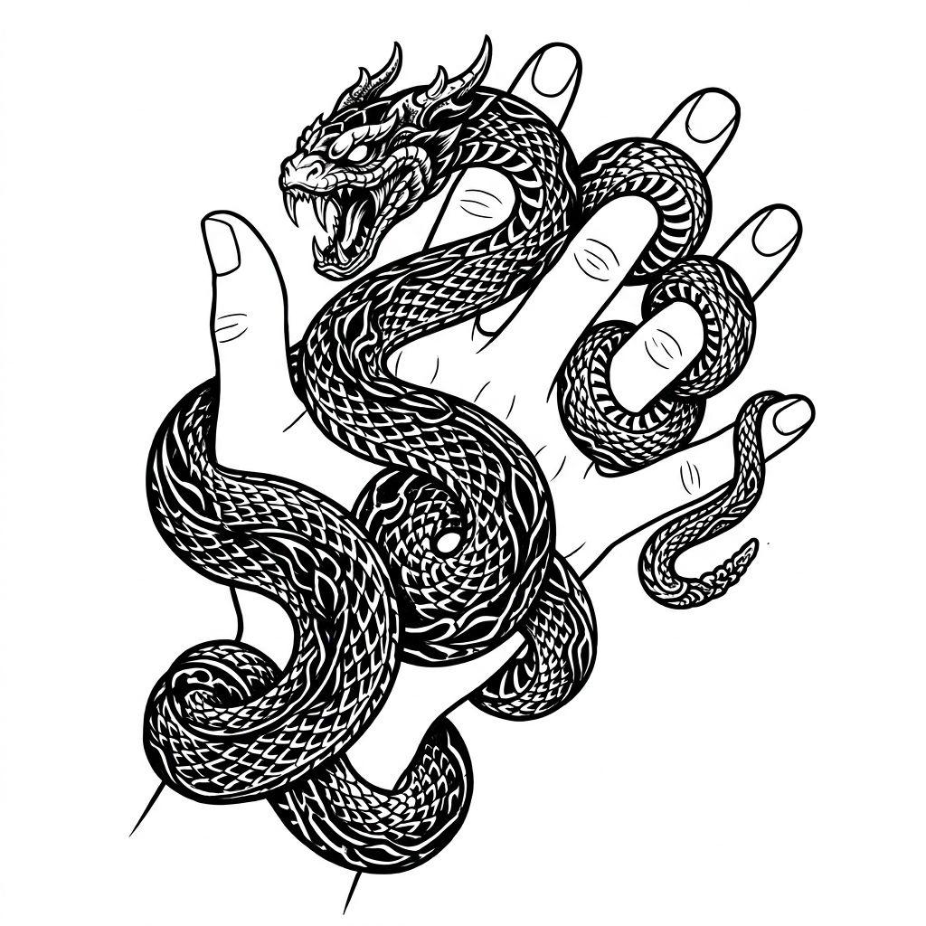 idée tatouage main main blackwork serpent, design sur fond blanc
