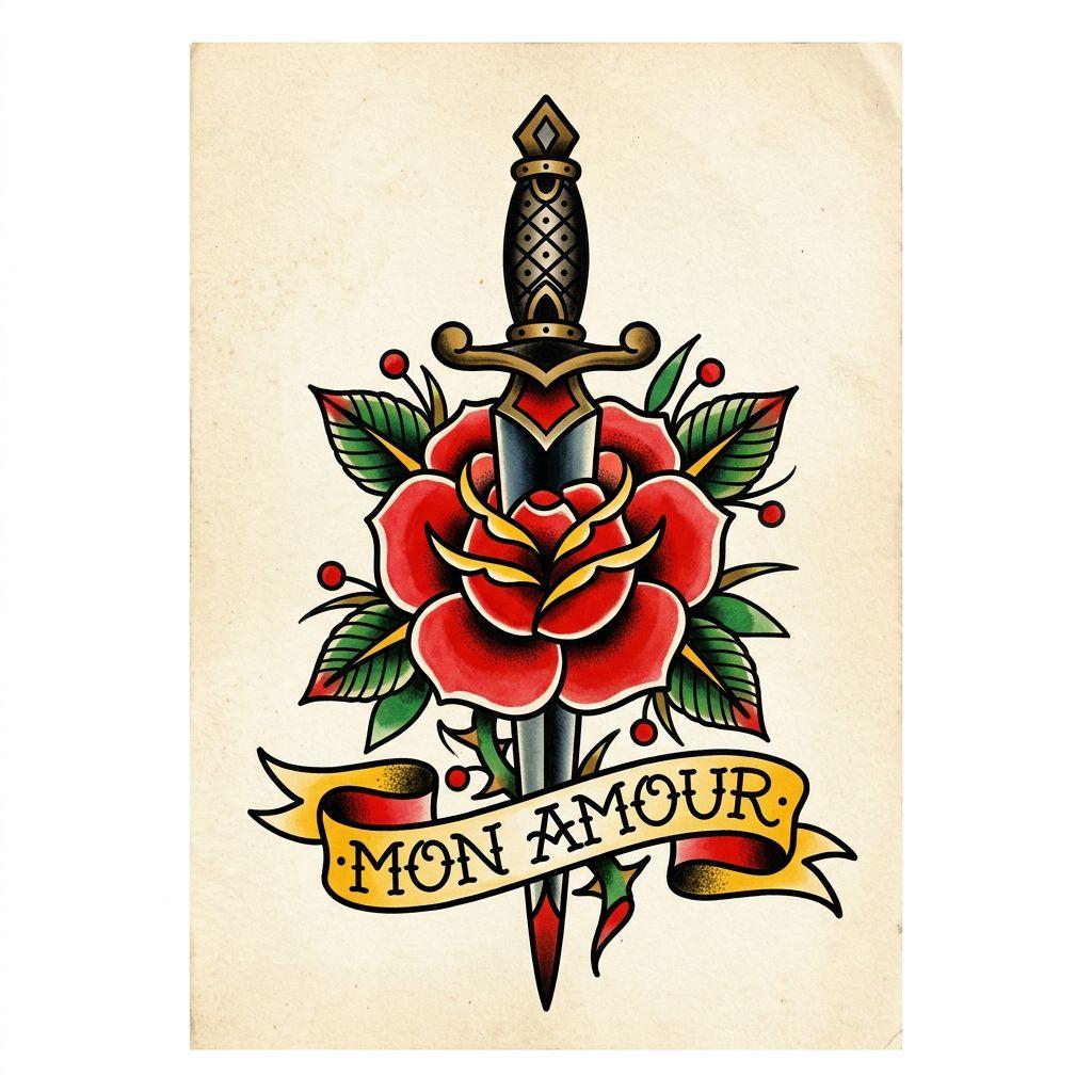 idée tatouage main main old school dague, design sur fond blanc