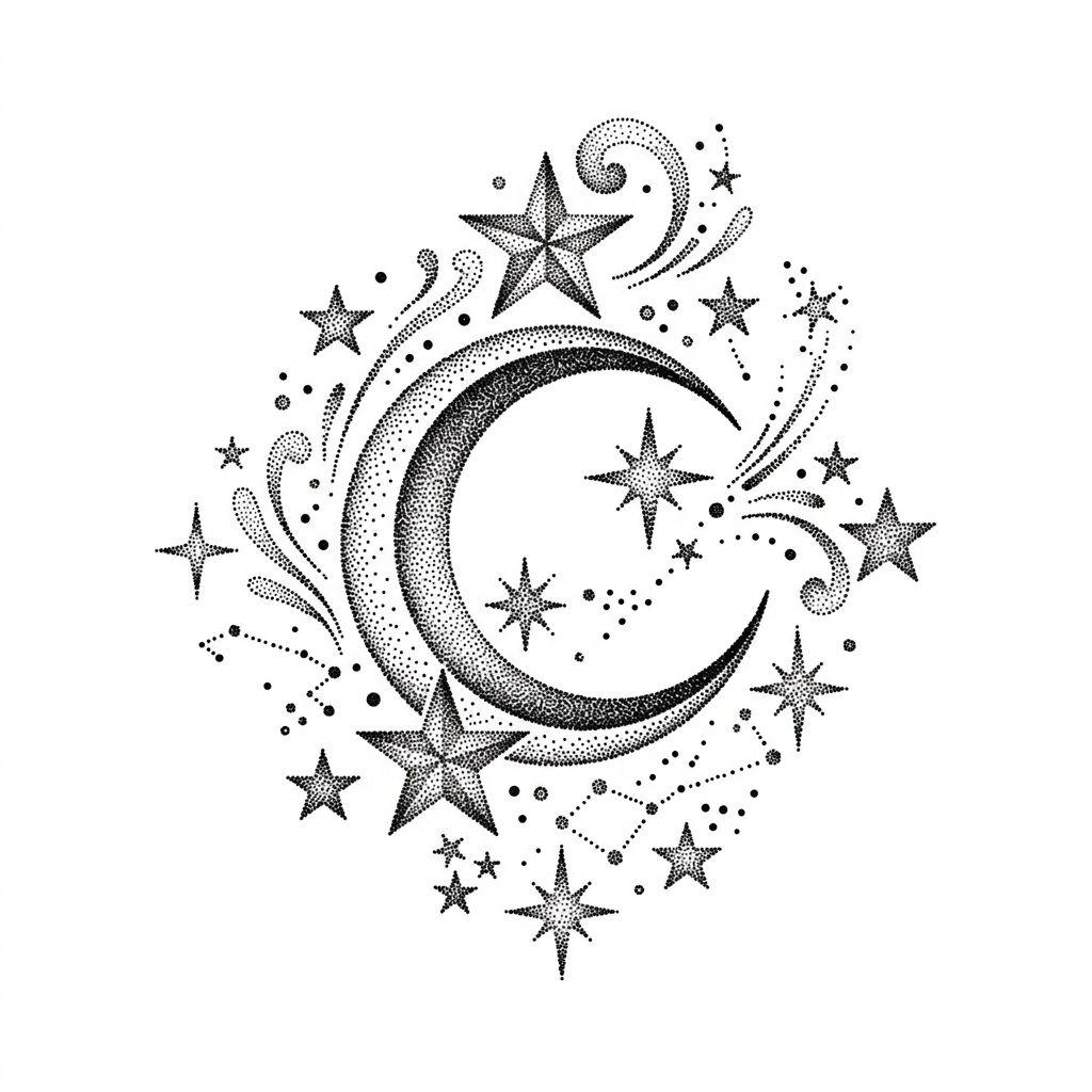 idée tatouage main main dotwork lune, design sur fond blanc