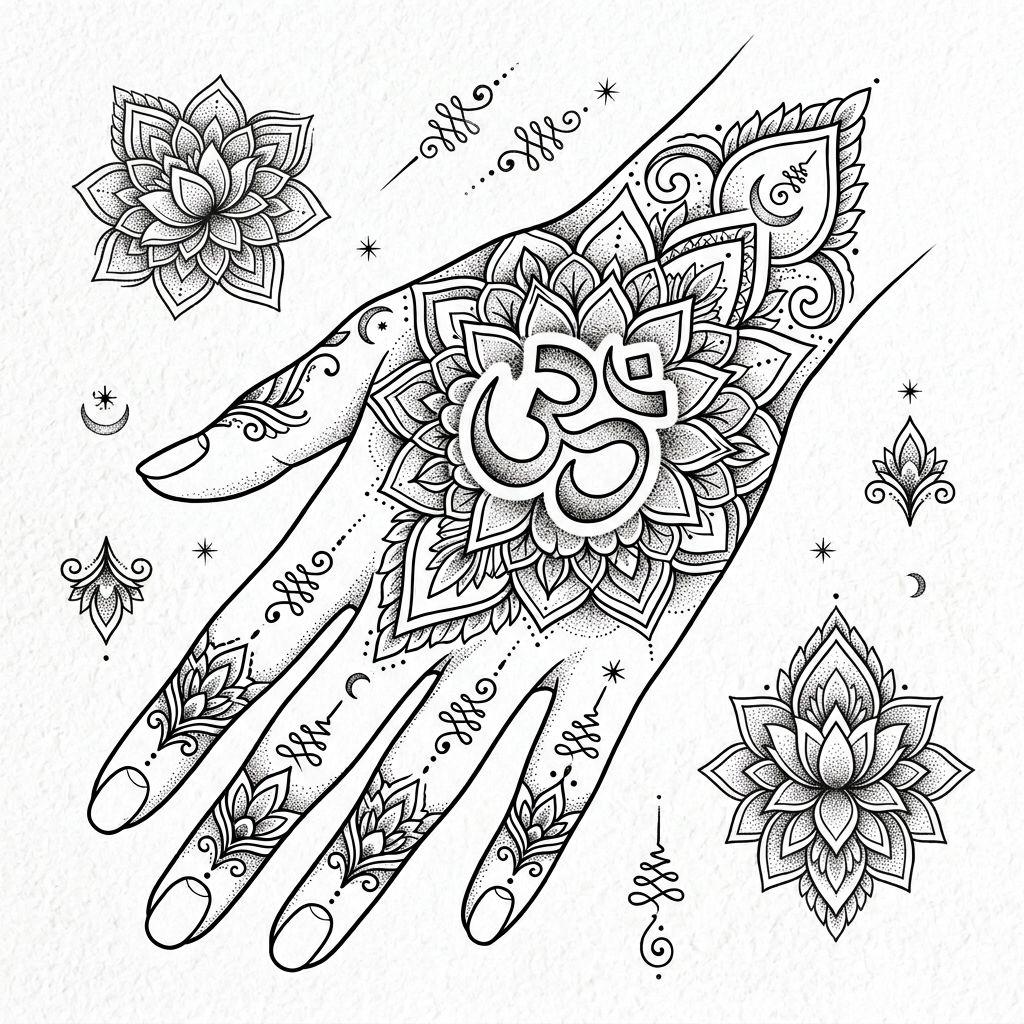 idée tatouage main main spirituelle ohm, design sur fond blanc