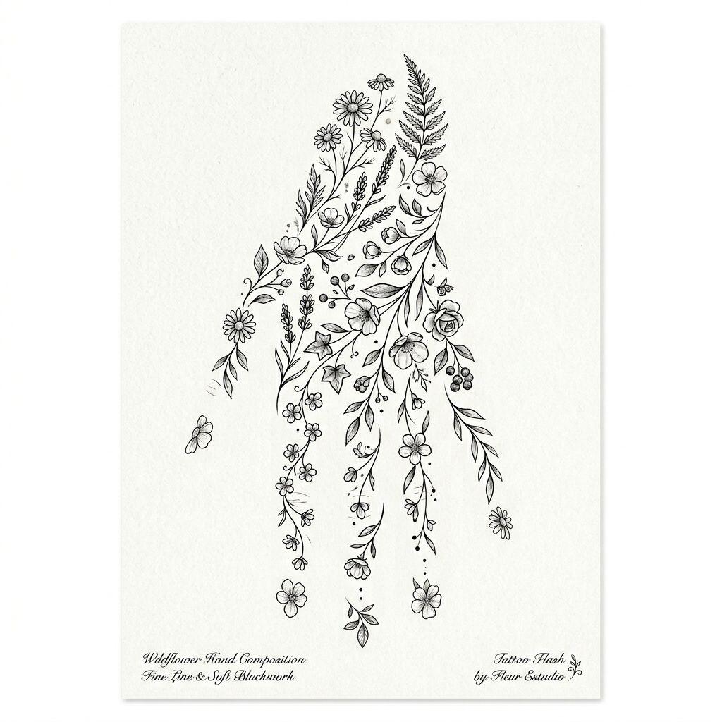 idée tatouage main main floral, design sur fond blanc