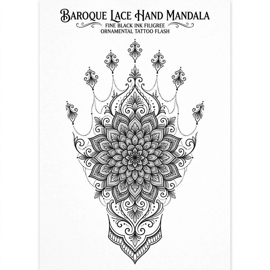 idée tatouage main main mandala ornemental, design sur fond blanc