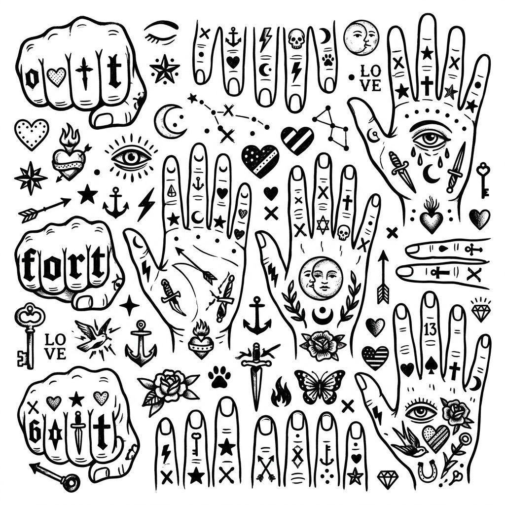 idée tatouage main patchwork main flash, design sur fond blanc