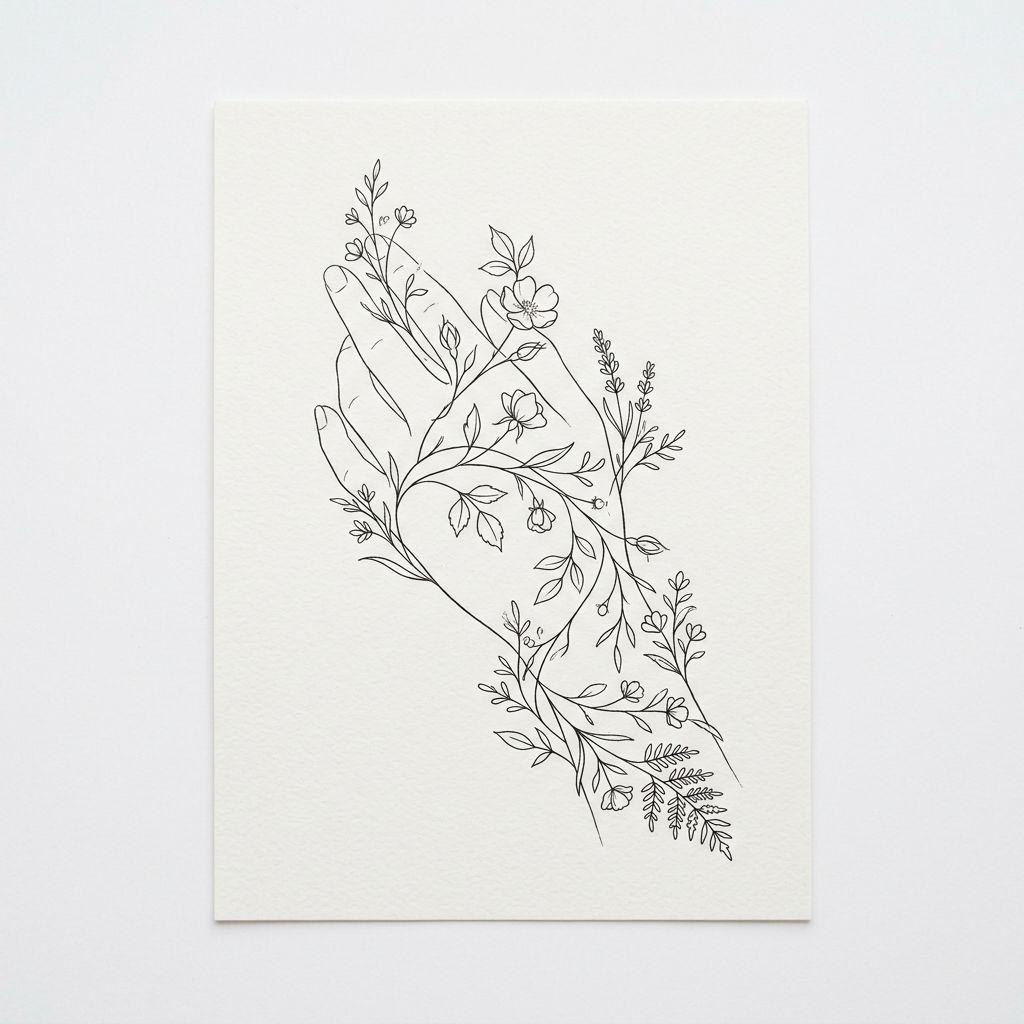 idée tatouage main femme fleurs fine line, design sur fond blanc