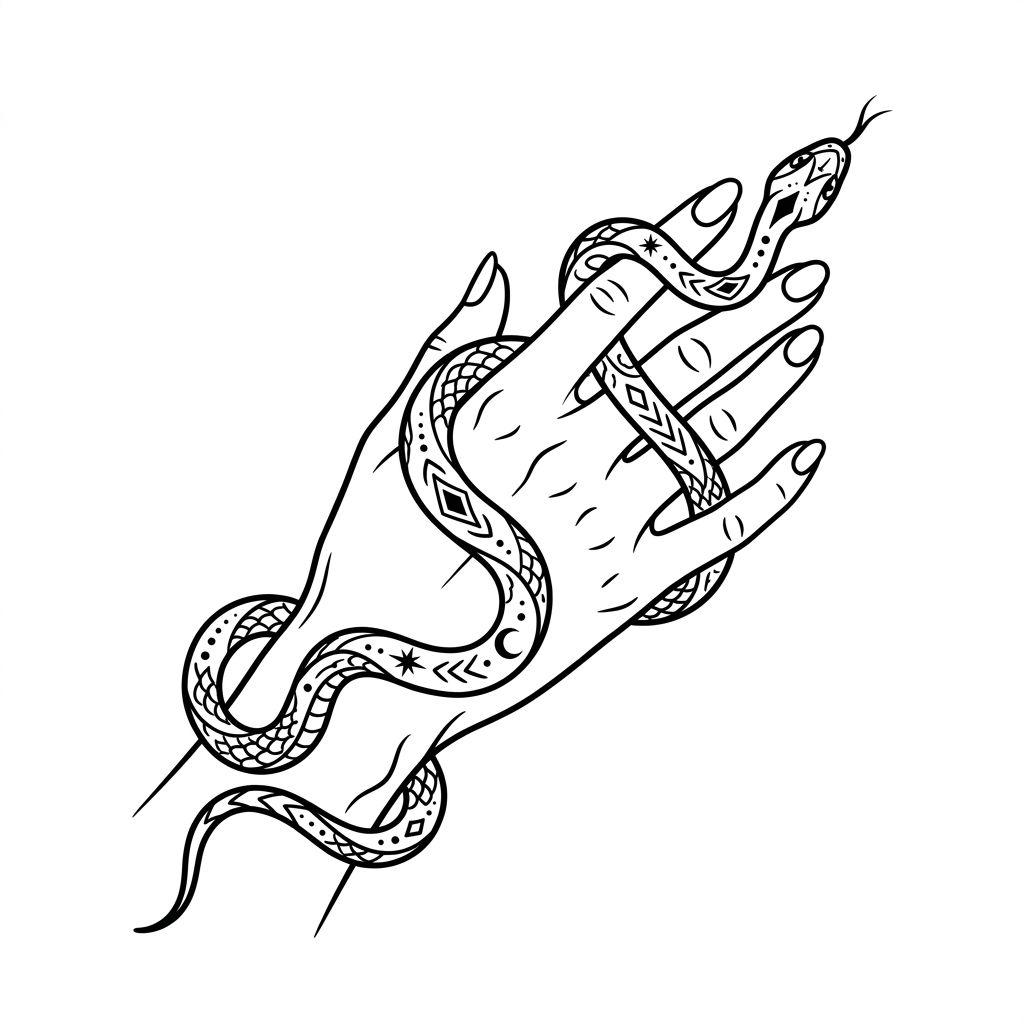 idée tatouage main femme serpent graphique, design sur fond blanc