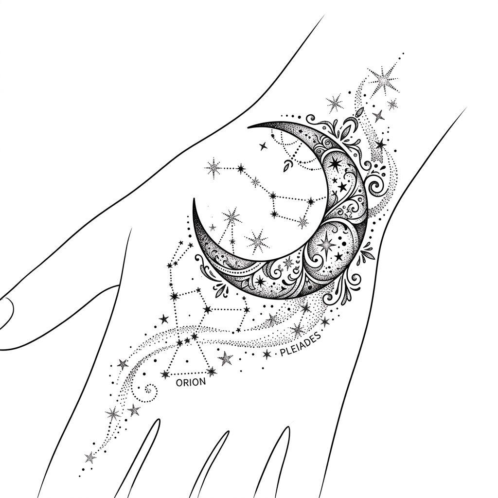 idée tatouage main femme lune et étoiles, design sur fond blanc