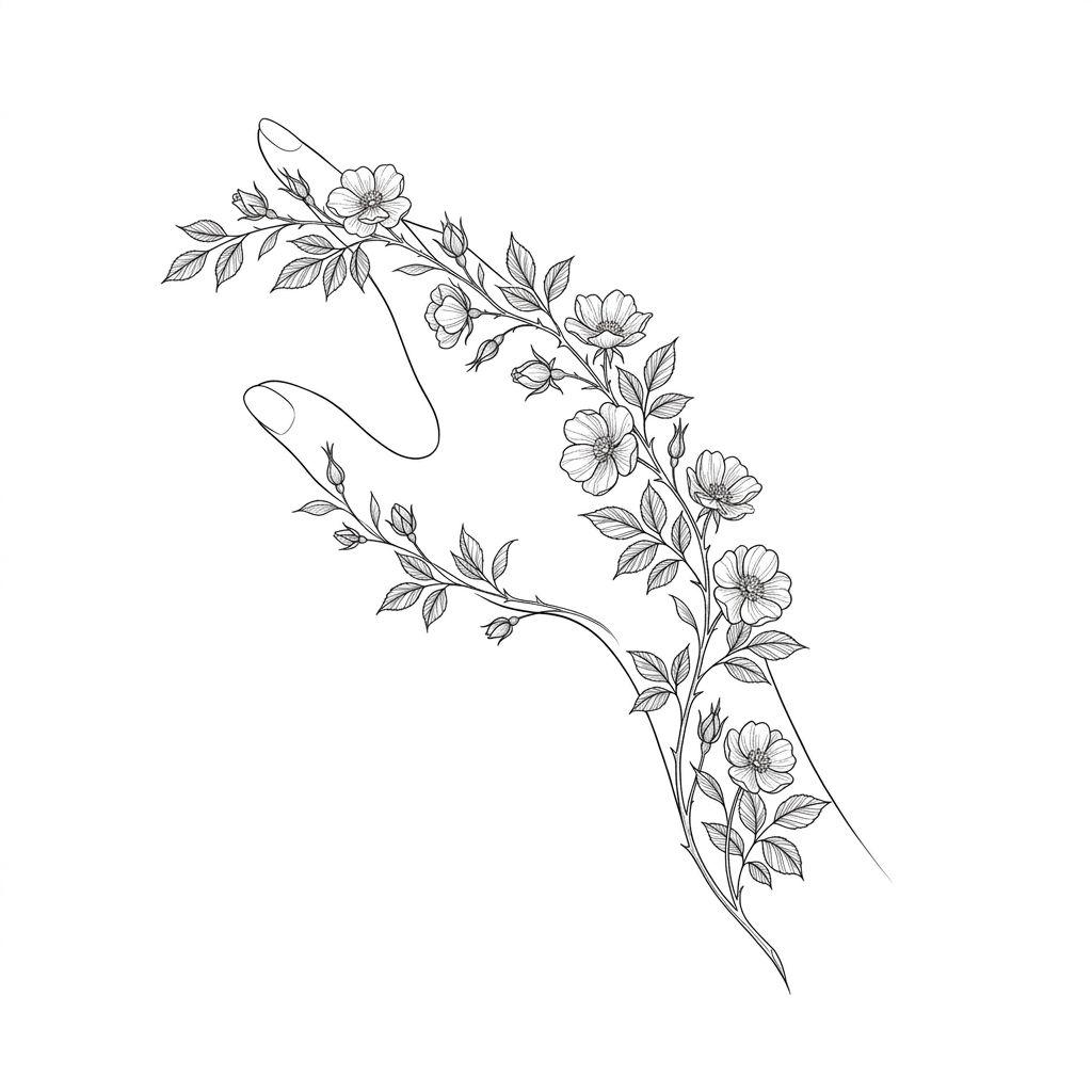 idée tatouage main femme branche fleurie, design sur fond blanc