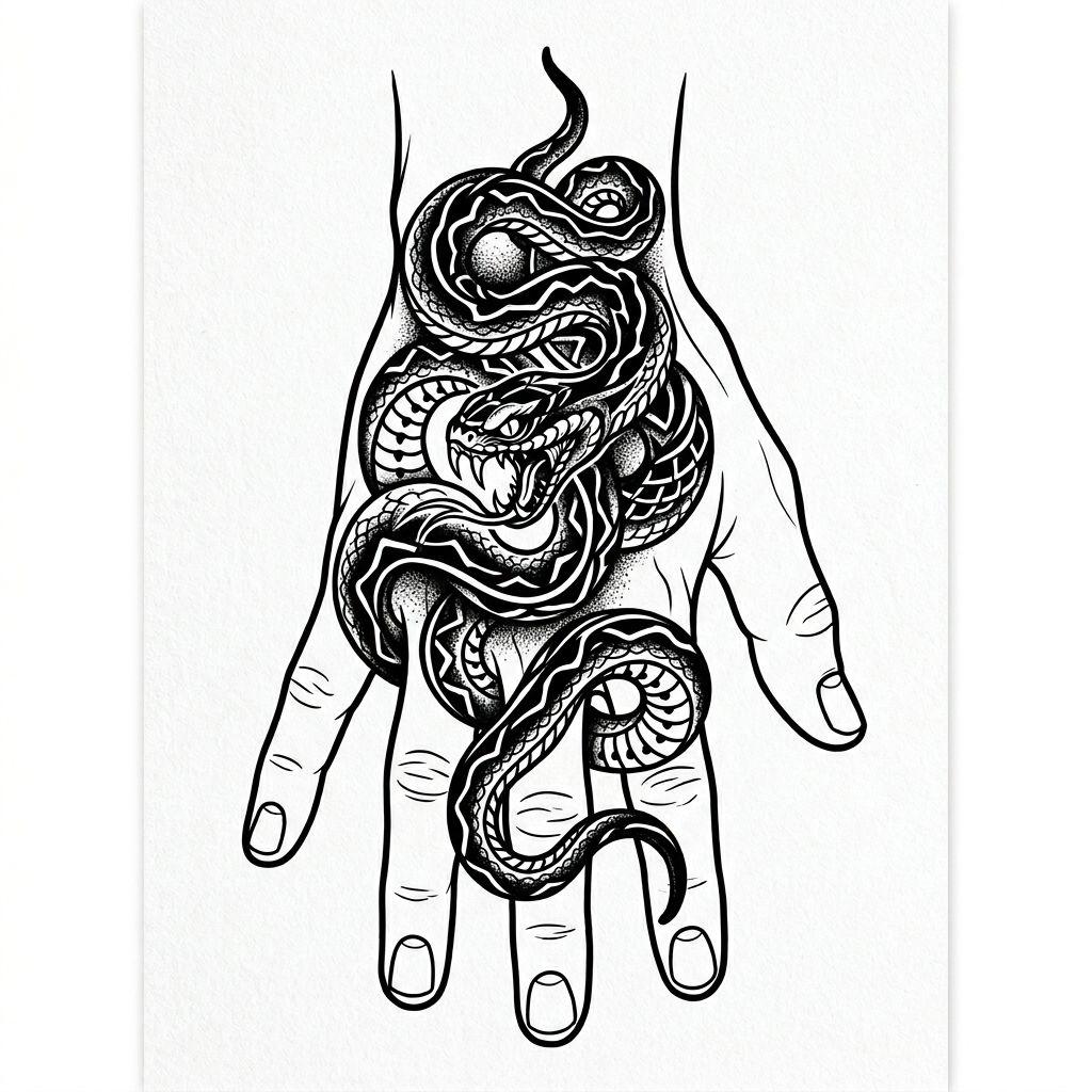 idée tatouage main homme serpent blackwork, design sur fond blanc