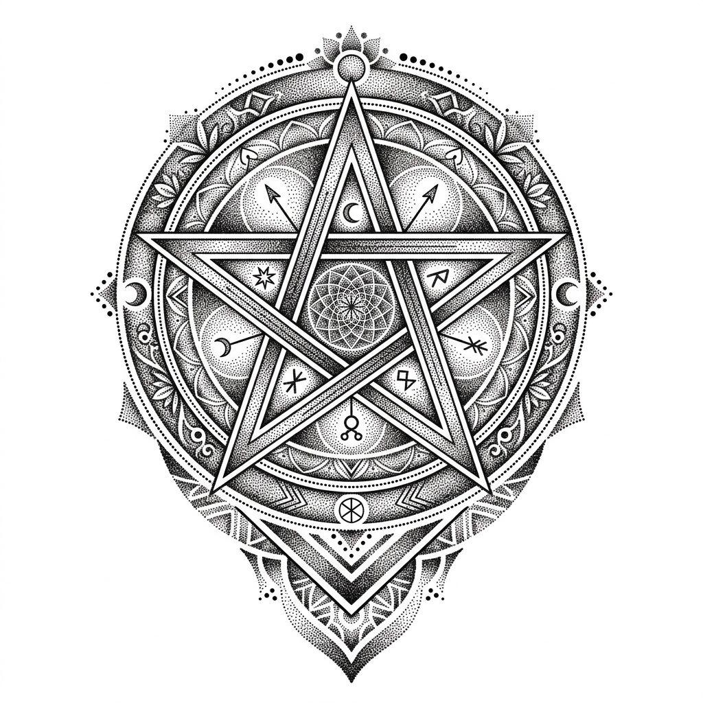 idée tatouage main homme pentagramme dotwork, design sur fond blanc