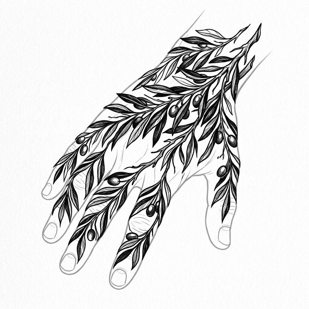 idée tatouage main homme branches olivier, design sur fond blanc